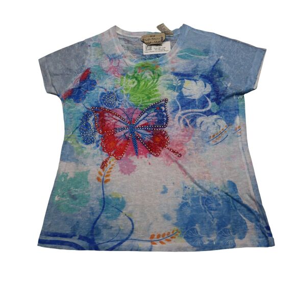 Life Style Shirt Womens M Blue Round Neck Short Sleeve Beaded Butterfly Tee - Picture 1 of 16